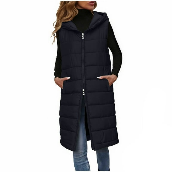 Perfectbot Women's Long Quilted Vest - Hooded, Two Way Zipper & Sherpa Lined, Fall Winter Sleeveless Coat