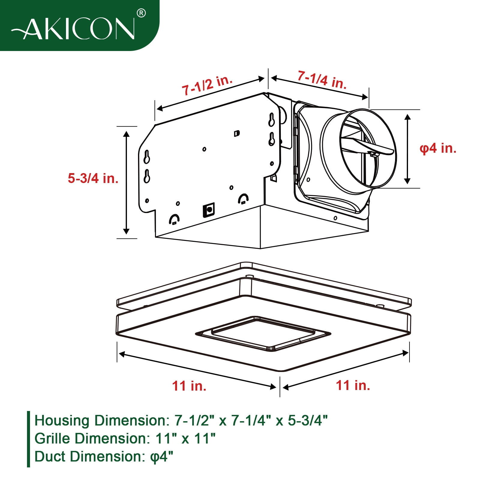 Akicon AKBPT13W-90-N2 4" Duct, 90 CFM Bathroom Exhaust Fan with LED Light, 1.5 Sones - Matte White