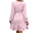 thumbnail image 4 of Kaemgyyd Women's Satin Silky Dress Soft Comfy Wrap V Neck Tie Waist Cocktail Dress Elegant Long Sleeve Solid Mini Short Dress, 4 of 6