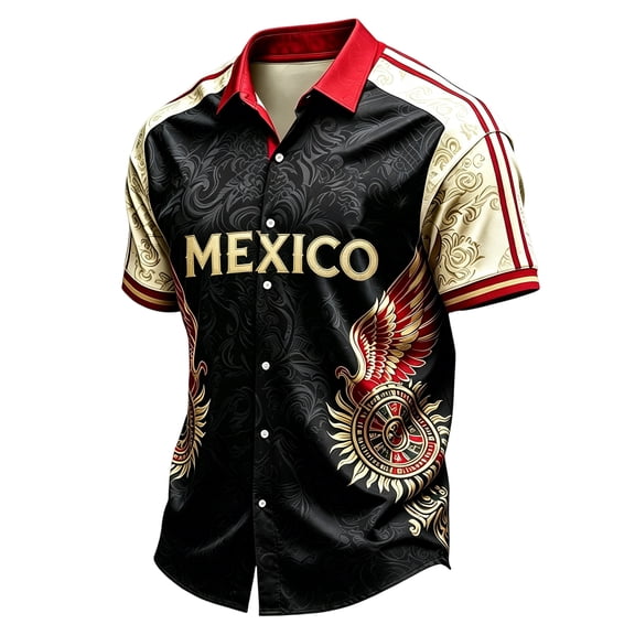 Mexico 2026 Soccer Cup Fan Jersey for Men, Button Down Short Sleeve Shirt with Winged Totem & Retro Print, Lightweight Breathable Stretch Athletic Top, 1 PC Black L