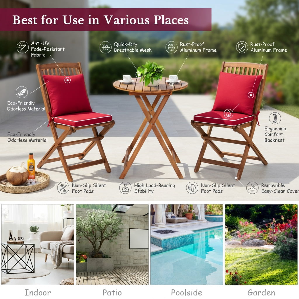 Hommoo 3-Piece Foldable Outdoor Bistro Set, Acacia Wood Patio Chairs & Round Coffee Table with Removable Cushions, Red