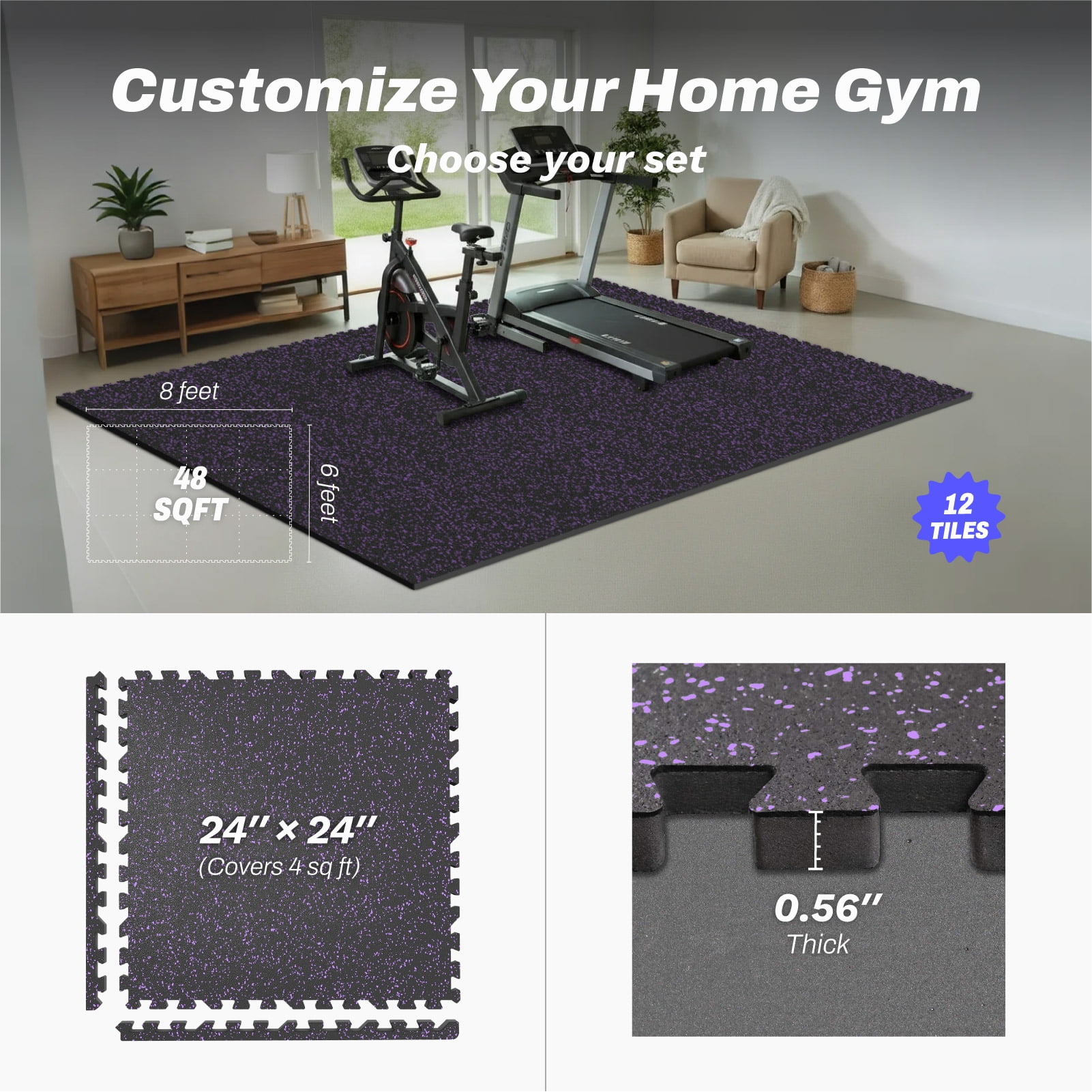 AIRHOP 0.56in Thick 48 Sq Ft Exercise Equipment Mats, 12 Tiles Upgraded Rubber Top with High Density EVA Foam, Gym Flooring For Home Gym, Heavy Weight Workout, 24 x 24in，Black & Purple