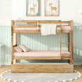 thumbnail image 3 of URTR Twin Over Twin Bunk Bed with Trundle, Convertible into Twin Size Beds, Rubber Wood Twin Bunk Bedframe with Ladder and Safety Guardrails, White Oak, 3 of 9