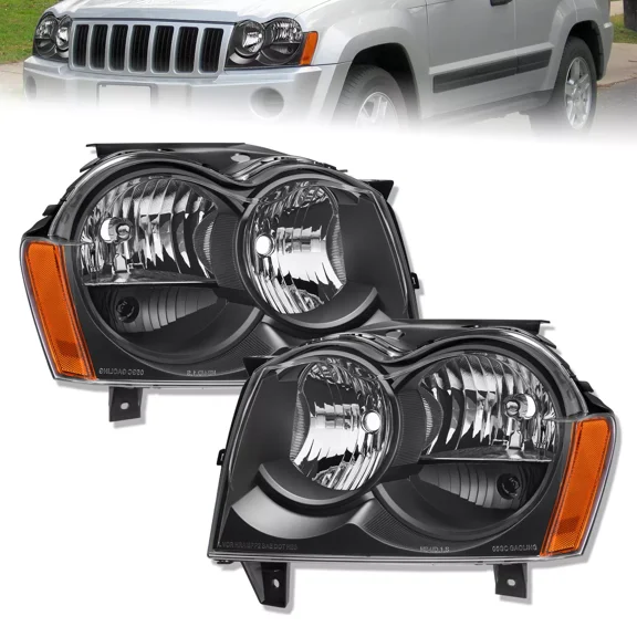 MOSTPLUS Pair Black Housing Headlights Assembly for 2005-2007 Jeep Grand Cherokee Sport