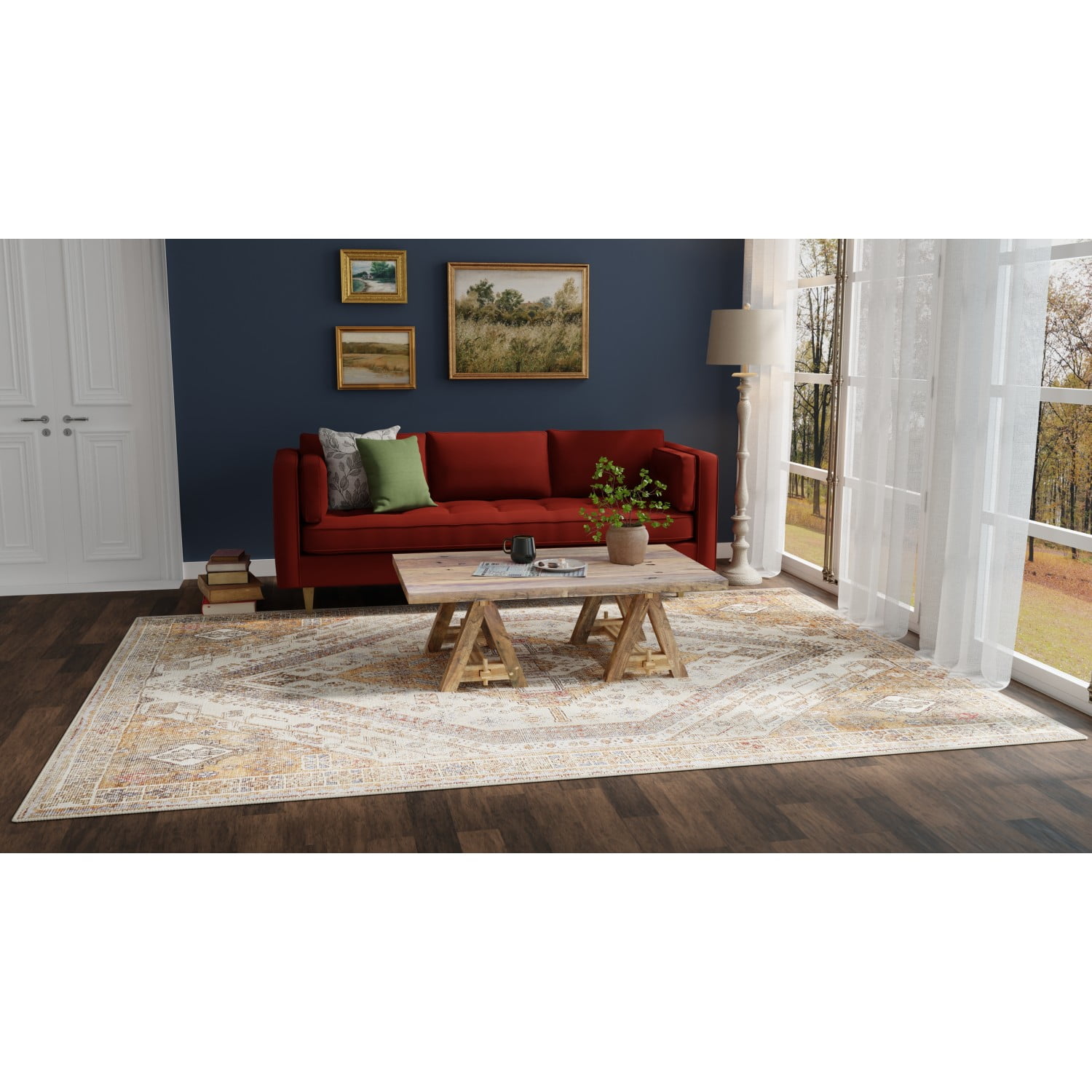Feizy Percy Transitional Medallion, Ivory/Orange/Brown, 4' x 6' Accent Rug Easy Care Fade Resistant Sheen Bohemian & Eclectic Distressed Floor Rug for Living room Bedroom