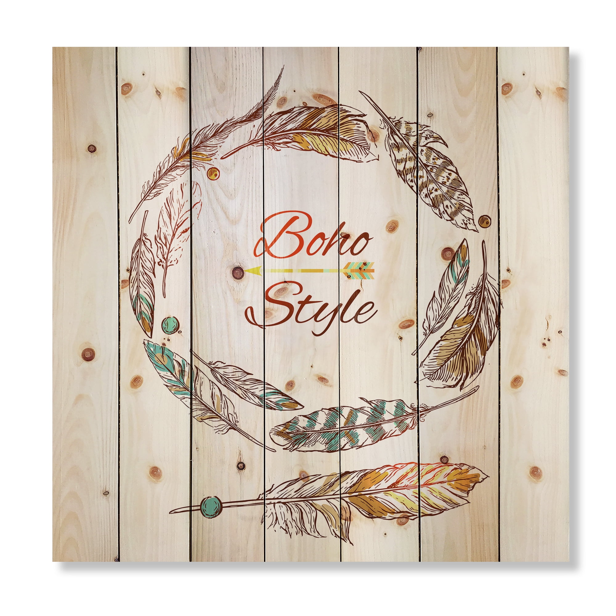Designart 'Wreath Of Ethnic Beige Boho Feather' Bohemian & Eclectic Print on Natural Pine Wood
