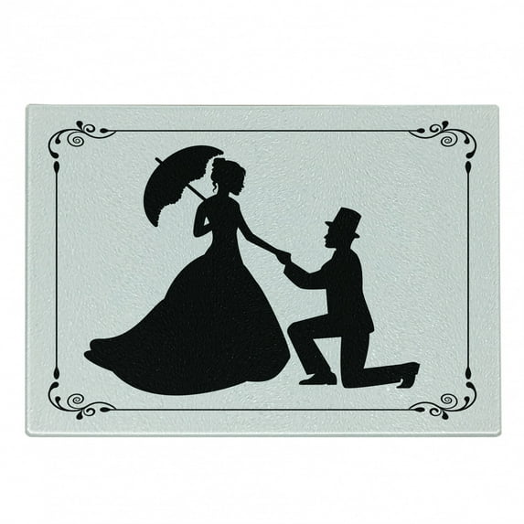 Engagement Party Cutting Board, Kneeling Man Purposes to Crinoline Dressed Lady Under an Umbrella, Decorative Tempered Glass Cutting and Serving Board, Small Size, Black and White, by Ambesonne