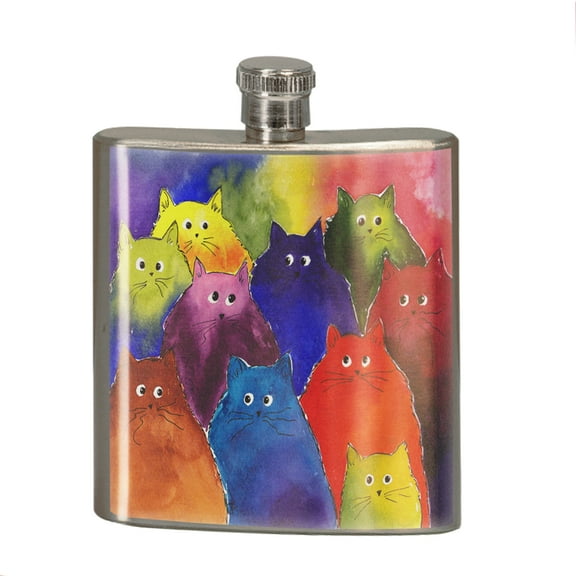 KuzmarK 6 oz. Stainless Steel Pocket Hip Liquor Flask - Very Colorful Two-Toned Silly Maine Coon Kitties Rainbow Background Art by Denise Every