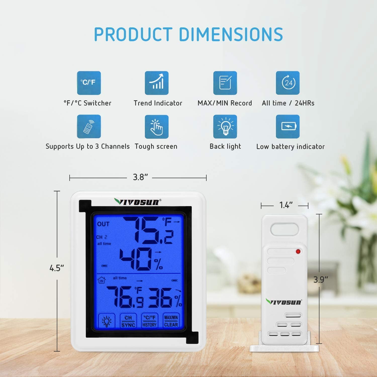 VIVOSUN Wireless Thermometer and Hygrometer with 3 Remote Sensors, Digital Humidity Monitor with Touchscreen