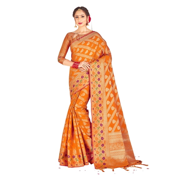 Elina fashion Sarees for Women Indian Wedding Diwali Patola Art Silk Woven Work Saree, Sari with Unstitched Blouse Mustard