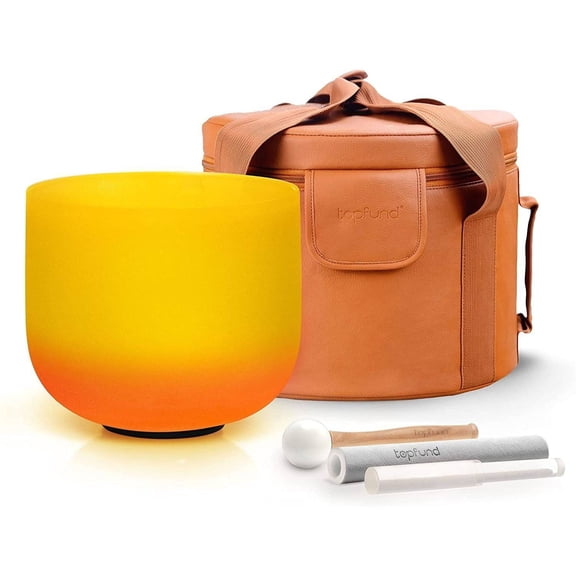 TOPFUND 432Hz Orange Yellow E Note 8 inch Crystal Singing Bowl Solar Plexus Chakra with Heavy Duty Carrying Case and Suede Stick