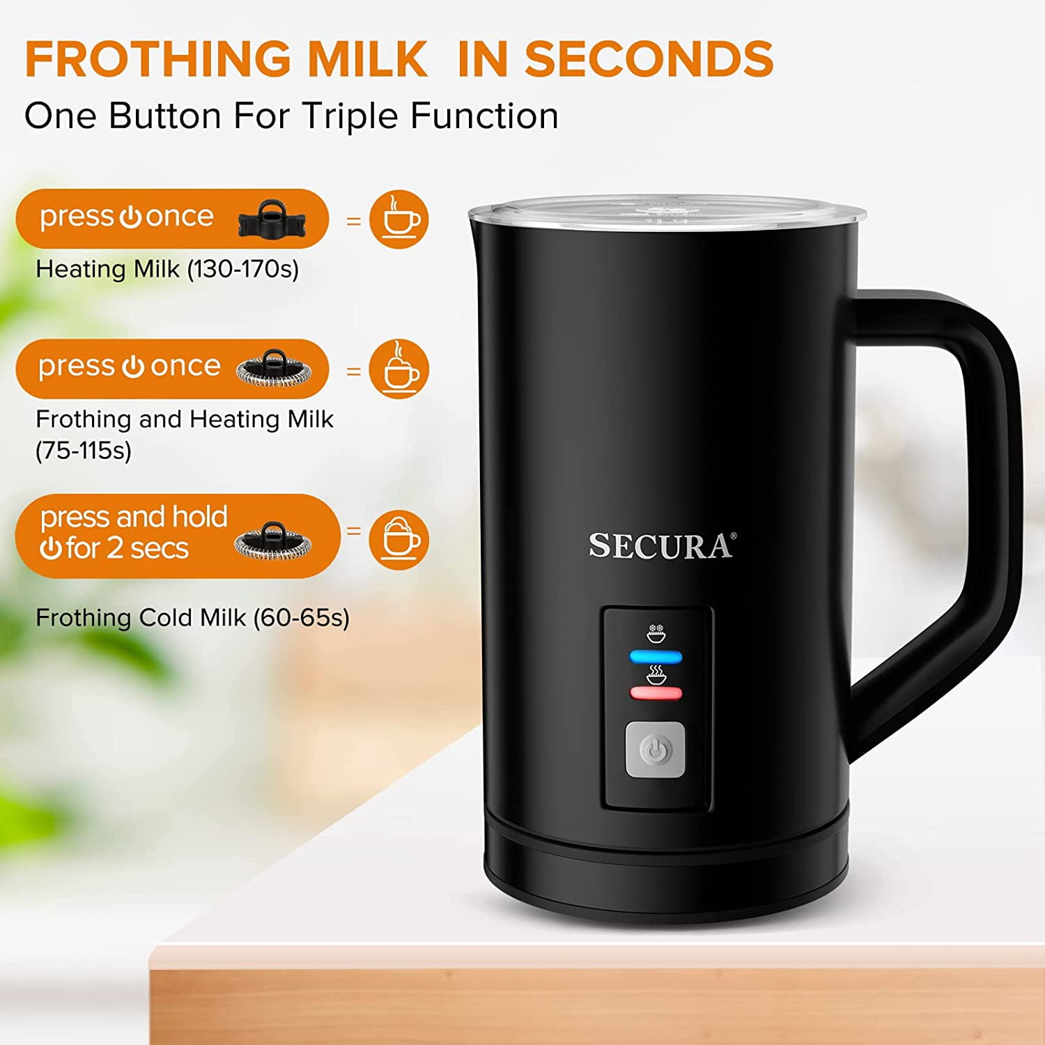 Secura Milk Frother, Electric Milk Steamer Stainless Steel, 8.4oz