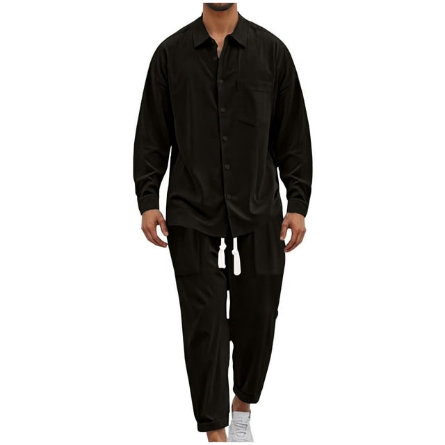 Man Leisure Solid Color Button Pocket Long Sleeves Shirt Beach Trousers Suit