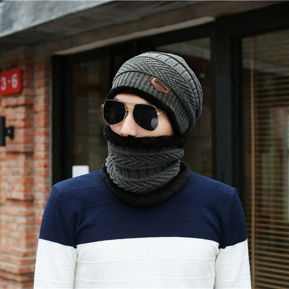 DOPI Stylish Hats Men Winter Warm Fleece Camping Hat Beanie Baggy Wool Ski Cap   Scarf Grey