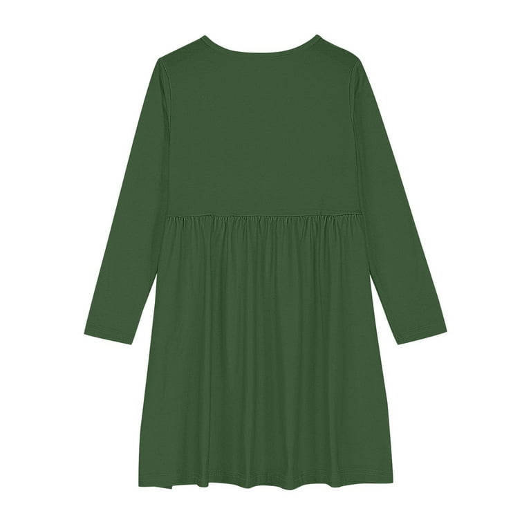 army green skater dress Fesfesfes Long Sleeve Stretchy Dress for Girls Spring Summer Solid Color  Fashion A-Line Skater Dress for Comfortable and Elegant Wear 4-14