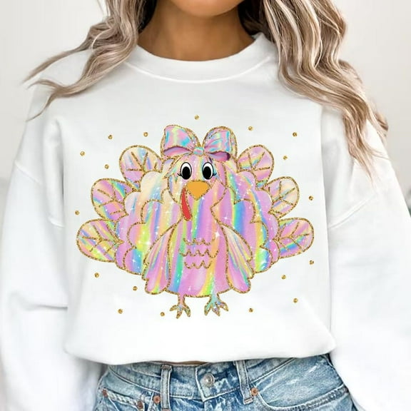 Iridescent Thanksgiving Turkey Sweater, Thankful Mama Glitter Coquette Fall Sweatshirt