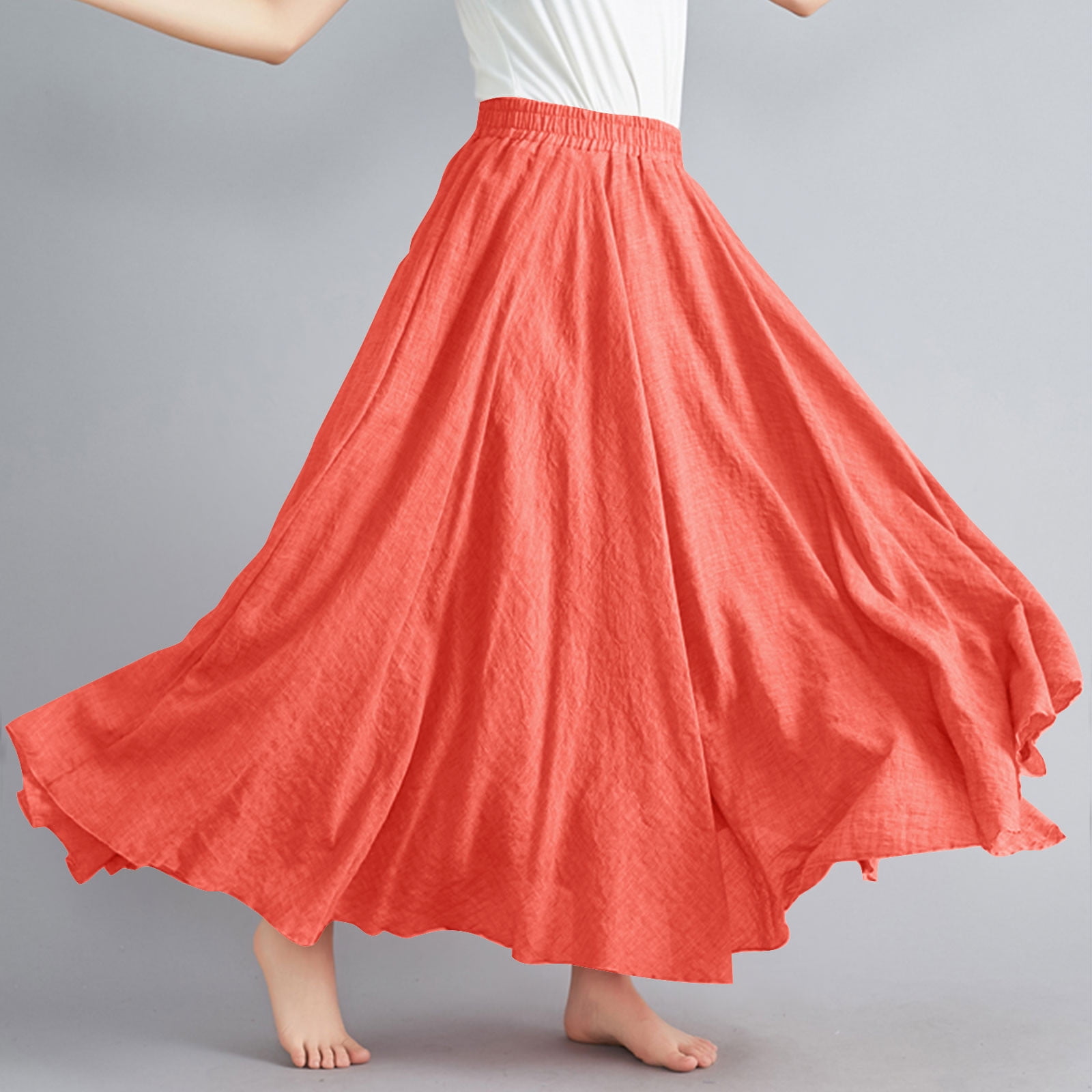 Cavosen Tennis Skirts for Women Long Maxi Ankle Length Skirts Linen Pleated Pencil Skirts Elastic Waist Plain Summer Skirts Oversized Dress Athletic Beachwear Resortwear Orange