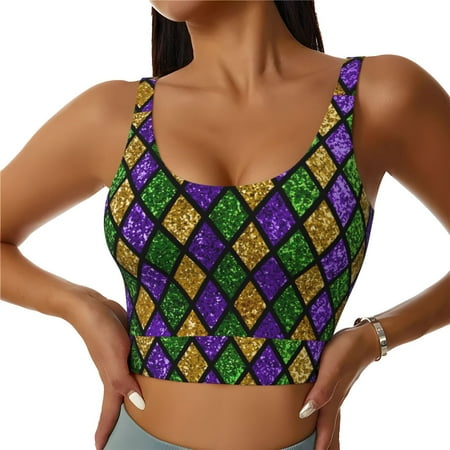 Jgfou Mardi Gras Shiny Green Purple Print Womens Sports Bra - Padded Workout Sports Bras Crop Tank Top