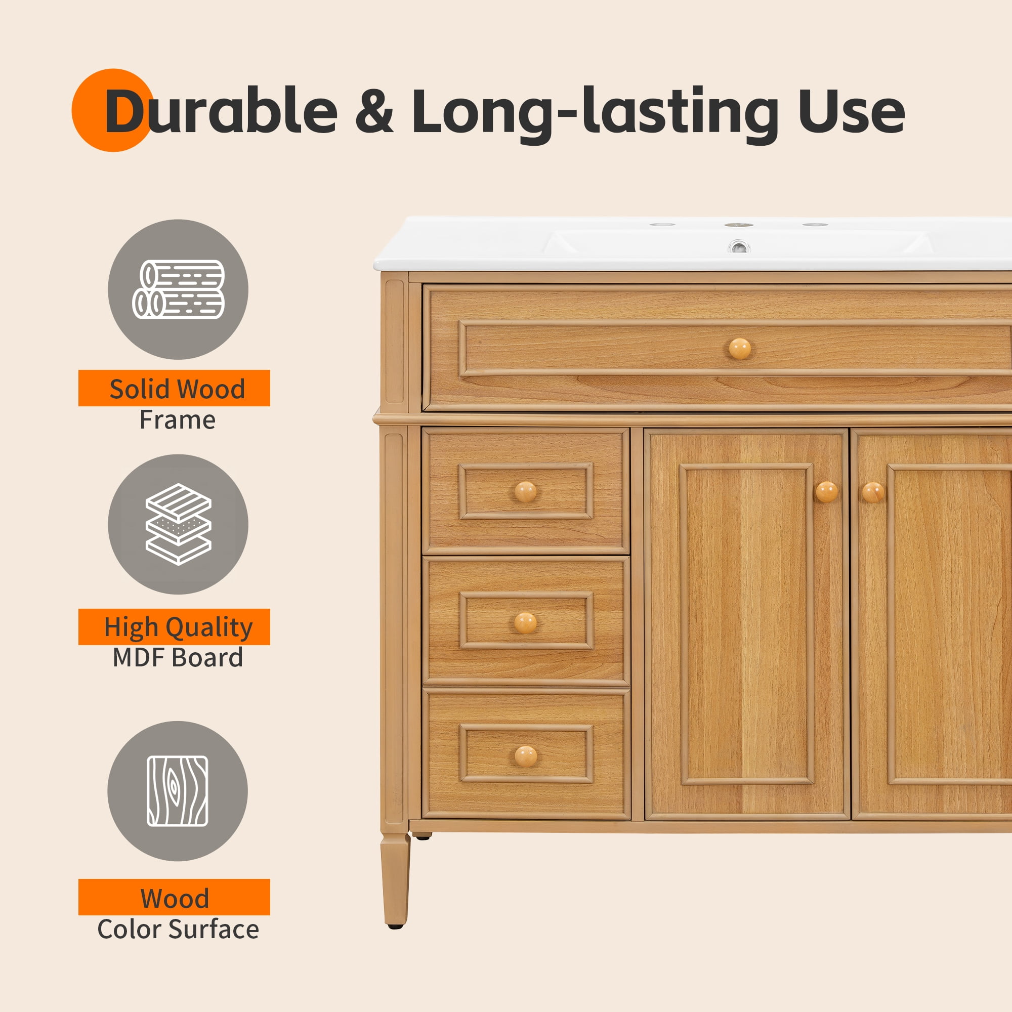 Euroco 36" Bathroom Vanity with Sink, Wood Vanity Cabinet with Flip-Out Drawer, 3 Drawers, 2 Soft-Close Doors, Solid Wood & MDF, Elegant Rubber Wood Handles