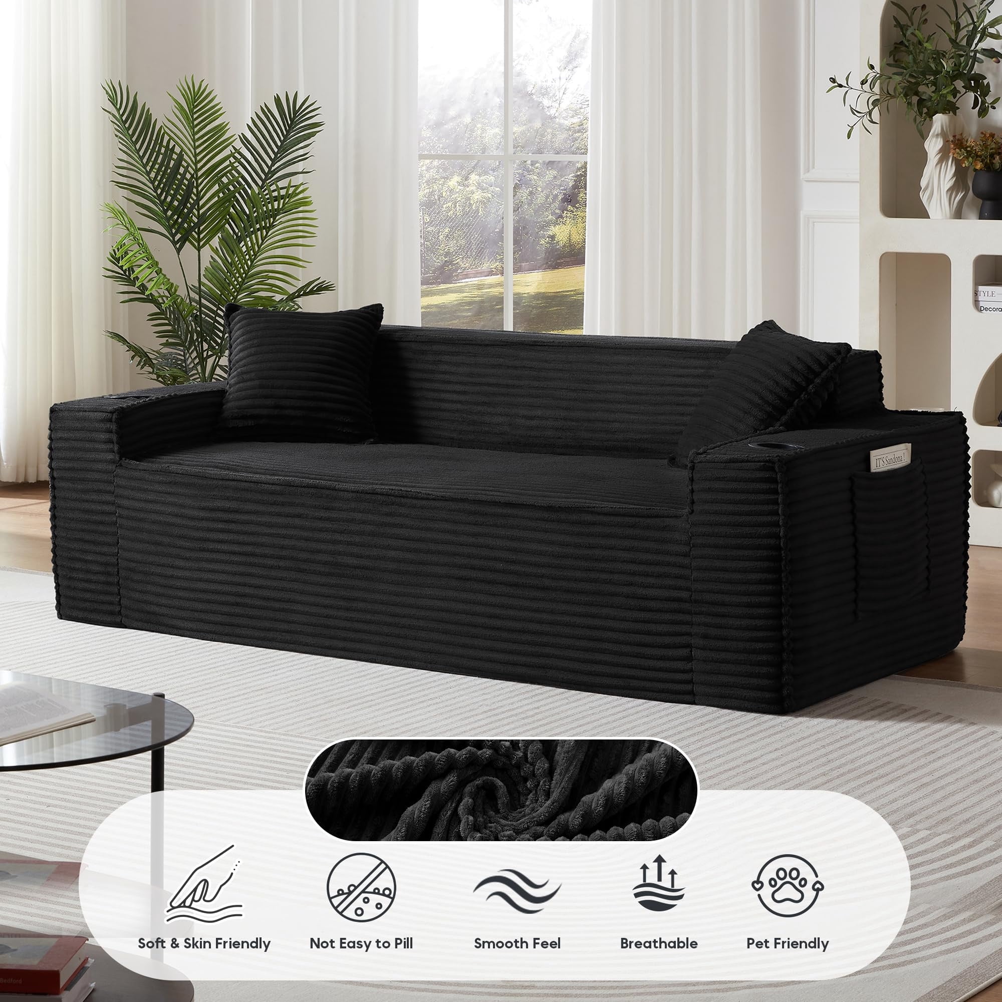 Aukfa 3 Piece Boneless Couch Set, 81" 3 Seat Cloud Sofa for Living Room, 2 Cup Holders&Storage Pocket, Corduroy, Black