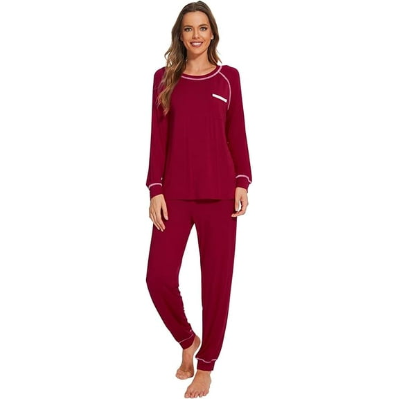 WiWi Bamboo Viscose Womens Pajamas Set Comfy Sleepwear 2 Piece Long SleeveTop with Jogger Pants Lounge Sets S-XXL Wine, Small