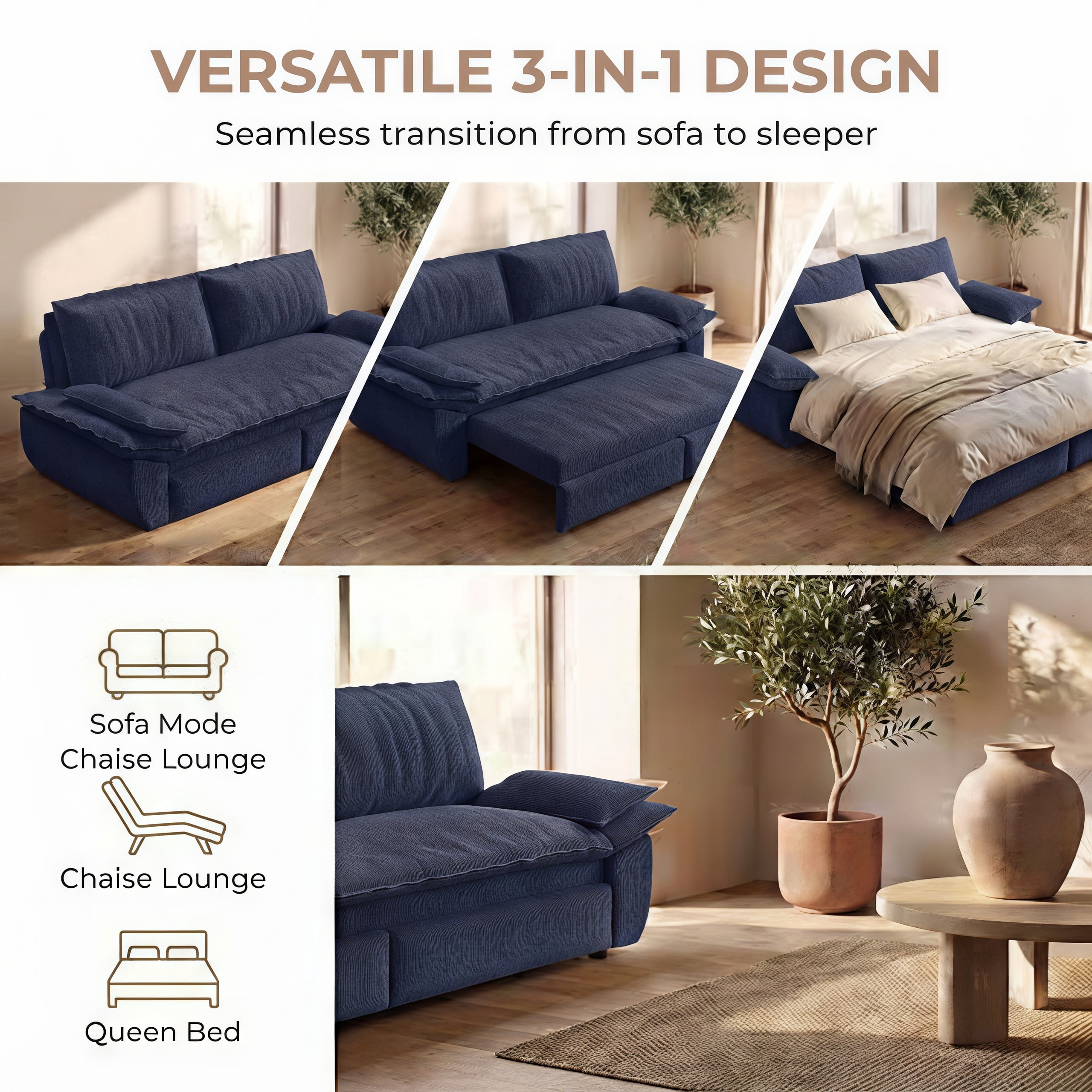 3-in-1 Queen Convertible Sleeper Sofa Bed, 73.2" Corduroy Pull Out Couch with Extra Deep Seat & Pillow Top Armrests, Modern Folding Futon Lounge, Blue