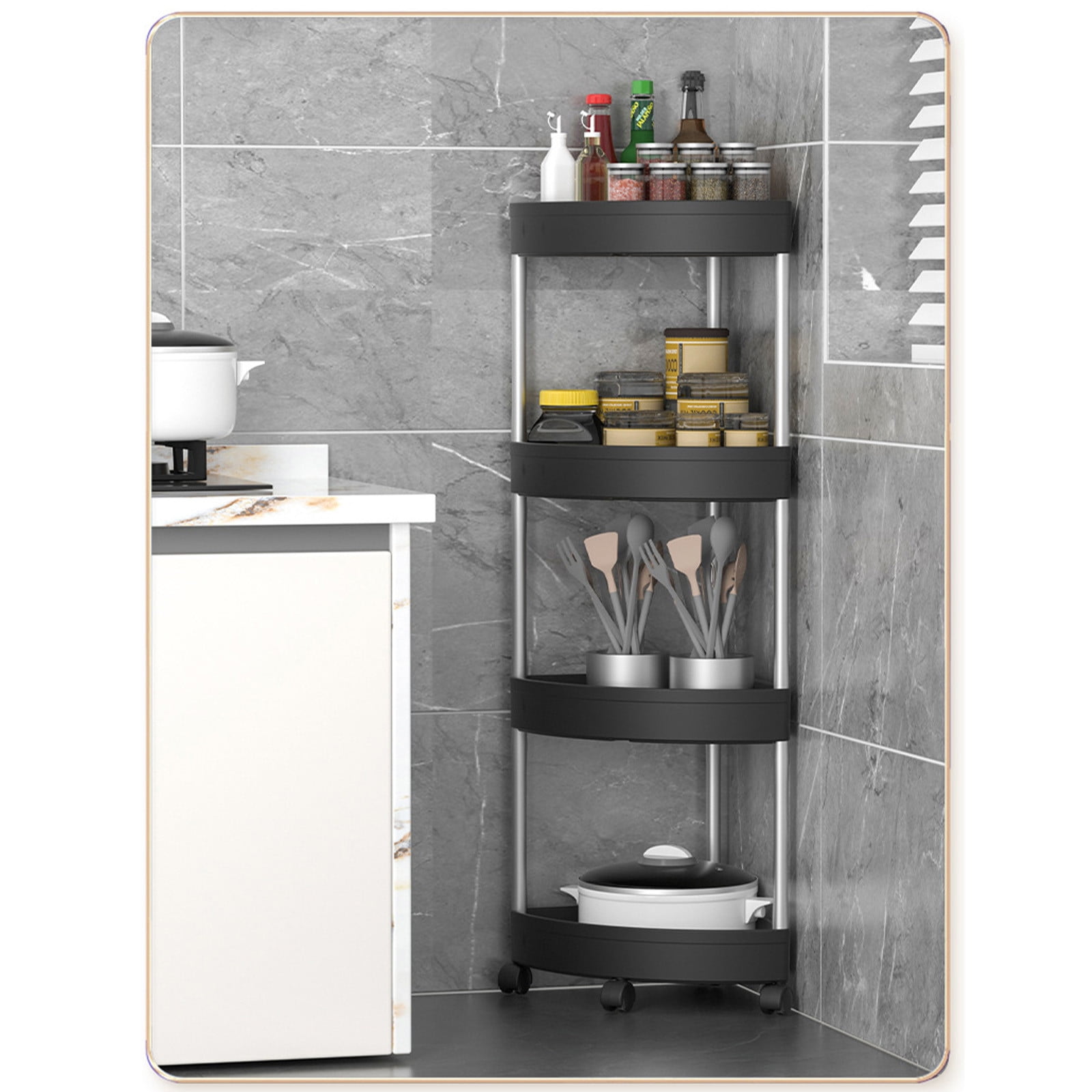 4 Tier Corner Bathroom Organizer Countertop with Rollers, Bathroom Counter Shelf Vanity Organizer and Storage Cabinet for Makeup Skin Care Perfume Organizer Tray or Kitchen Spice Rack