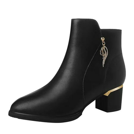 

Ki-8Jcud Woman Boots Ladies Fashion Solid Color Boots Round Toe Mid Heel Rhinestone Buckle Side Zipper Short Boots Womens Boots Taupe Boots For Women With Heel Womens Boots Size 7 1/2 Womens Rain Bo