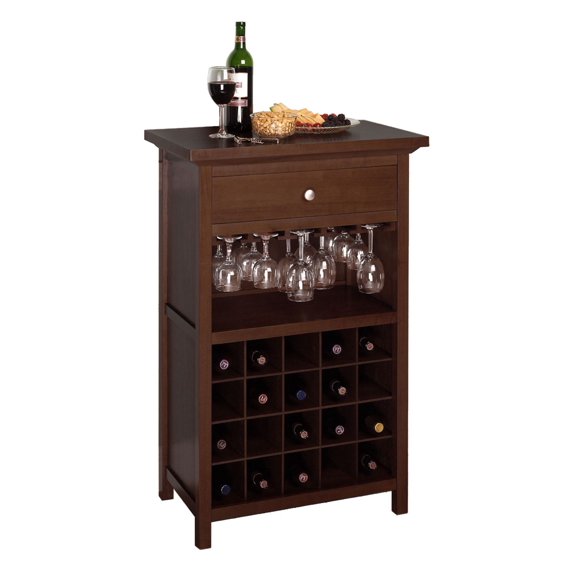 Wine Cabinet, 20 Bottle Storage, Walnut Finish - Chablis Wine Rack with Glass Holder & Accessory Drawer