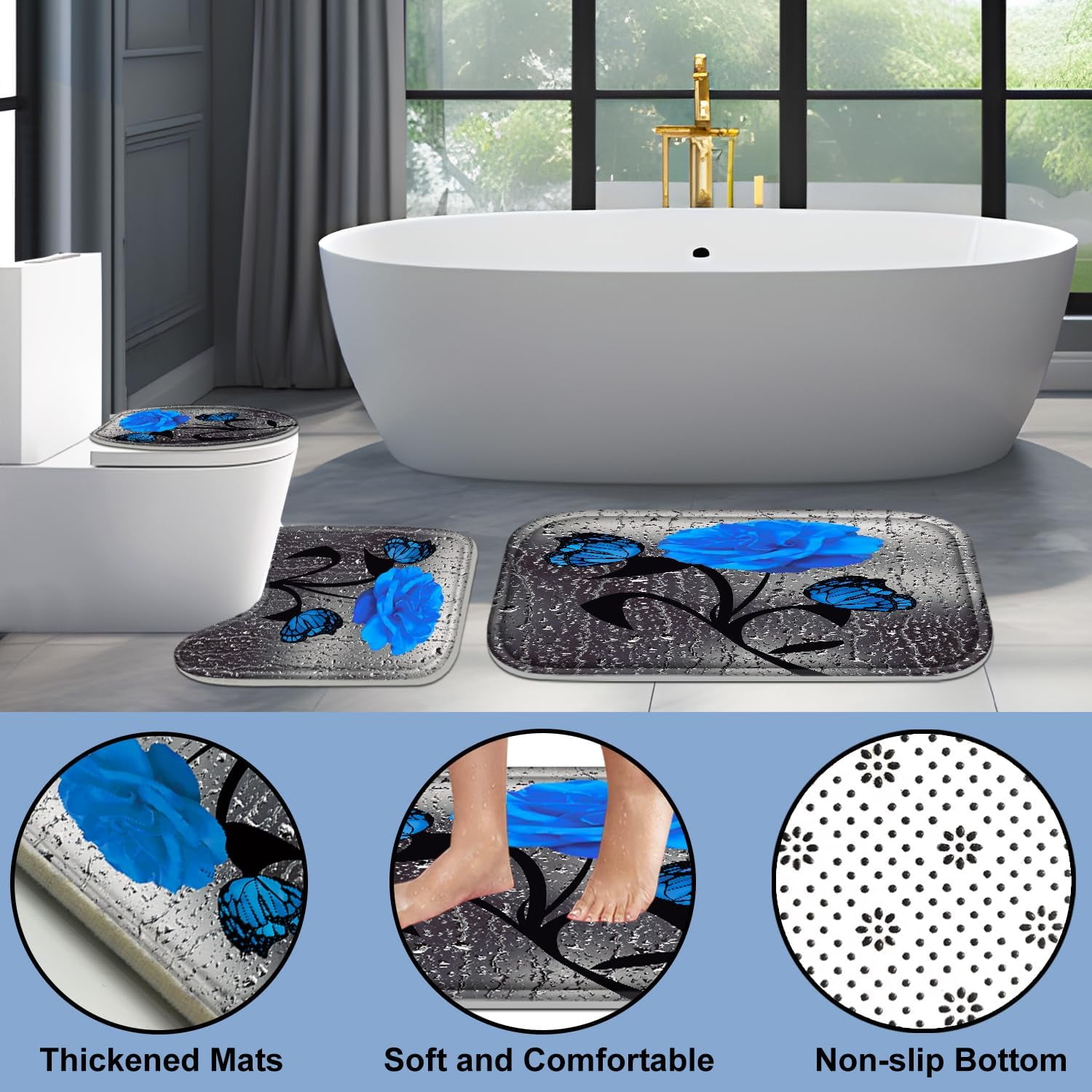 4 Pcs Bathroom Set,Orange Rose Shower Curtain Sets, Romantic Shower Curtain Sets with Rugs(Bath Mat,U Shape and Toilet Lid Cover Mat) and 12 Hooks
