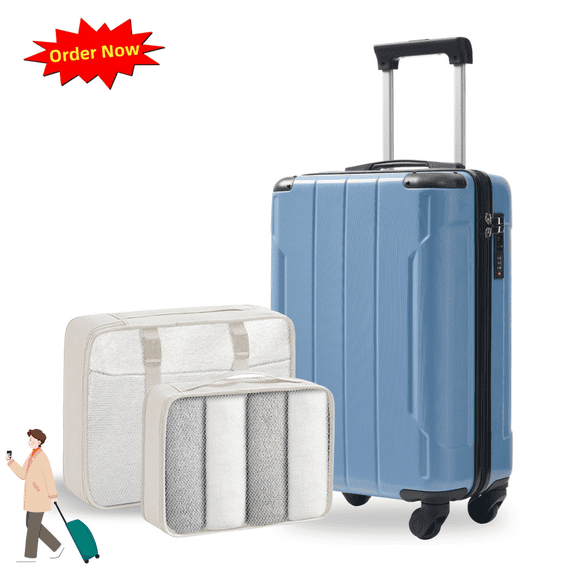 Tcbosik Hardside Carry-On Luggage with TSA Lock and Spinner Wheels, 20 inch Lightweight Suitcase with 2 Packing Cubes for Travel, Blue & Gray