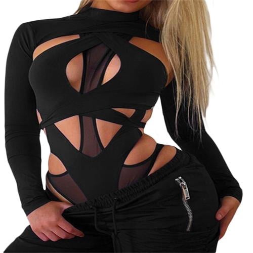 Goth Black Cutout Bodysuit Sexy Women Long Sleeve High Neck Leotard Tops  Sheer Mesh Irregular Hollow Out Bodysuit