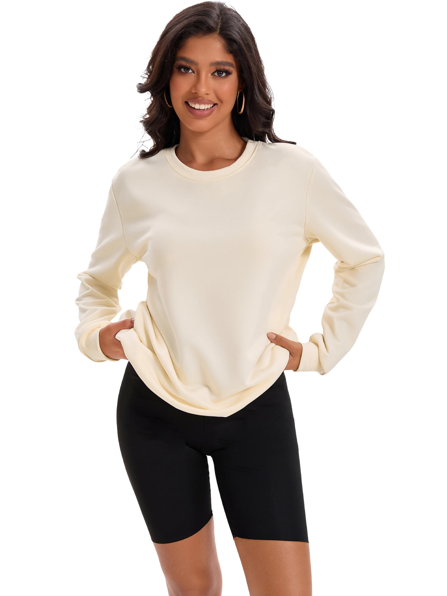 Unique Bargains Womens Sweatshirt Crew Neck Long Sleeve Pullover Shirts M Apricot