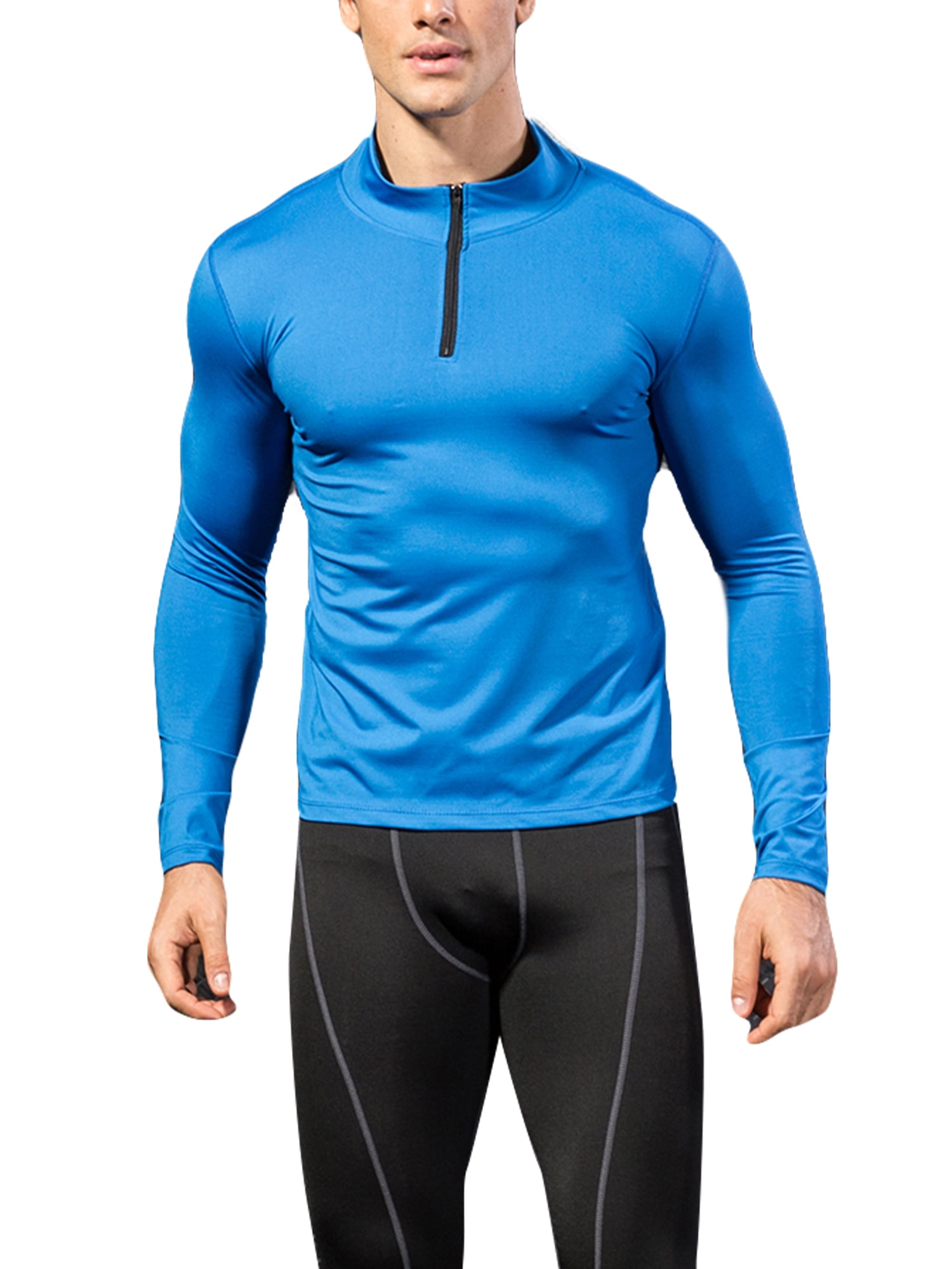 Mens Sports Workout Shirt Mock Neck 1/4 Zip Compression Tight fit Tops Cool dry 