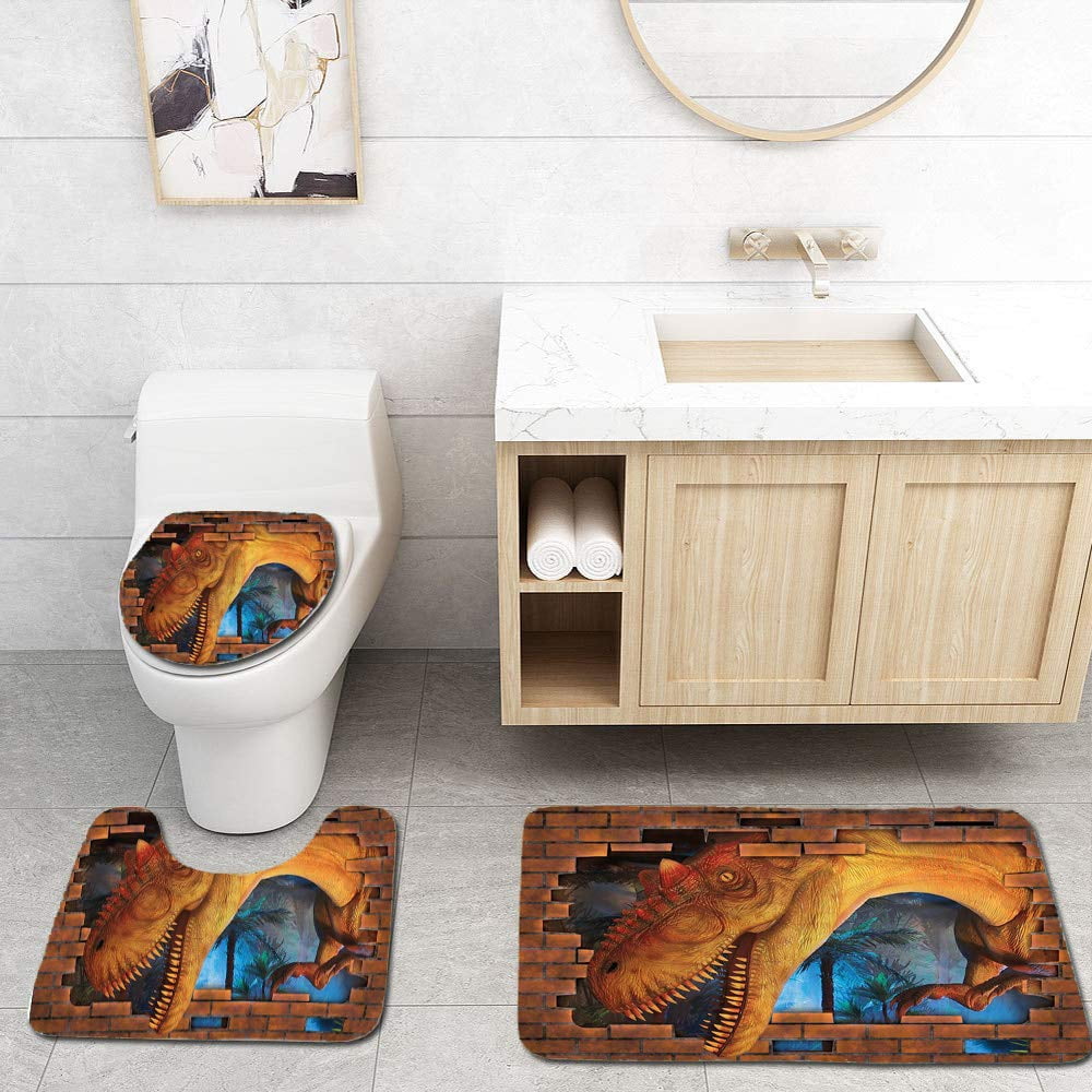 Xddja Dinosaur Tyrannosaurus Breaks A Brick Wall Frightening Scary Scenery Jungle Invaded House 3 Piece Bathroom Rugs Set Bath Rug Contour Mat And Toilet Lid Cover Walmart Canada