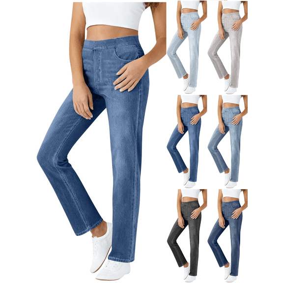 Zeijnsda Straight Leg Jeans for Women Lightweight Comfy Elastic Waist Denim Trousers Fashion Solid Color Slim Fitting Long Jeans with Pockets
