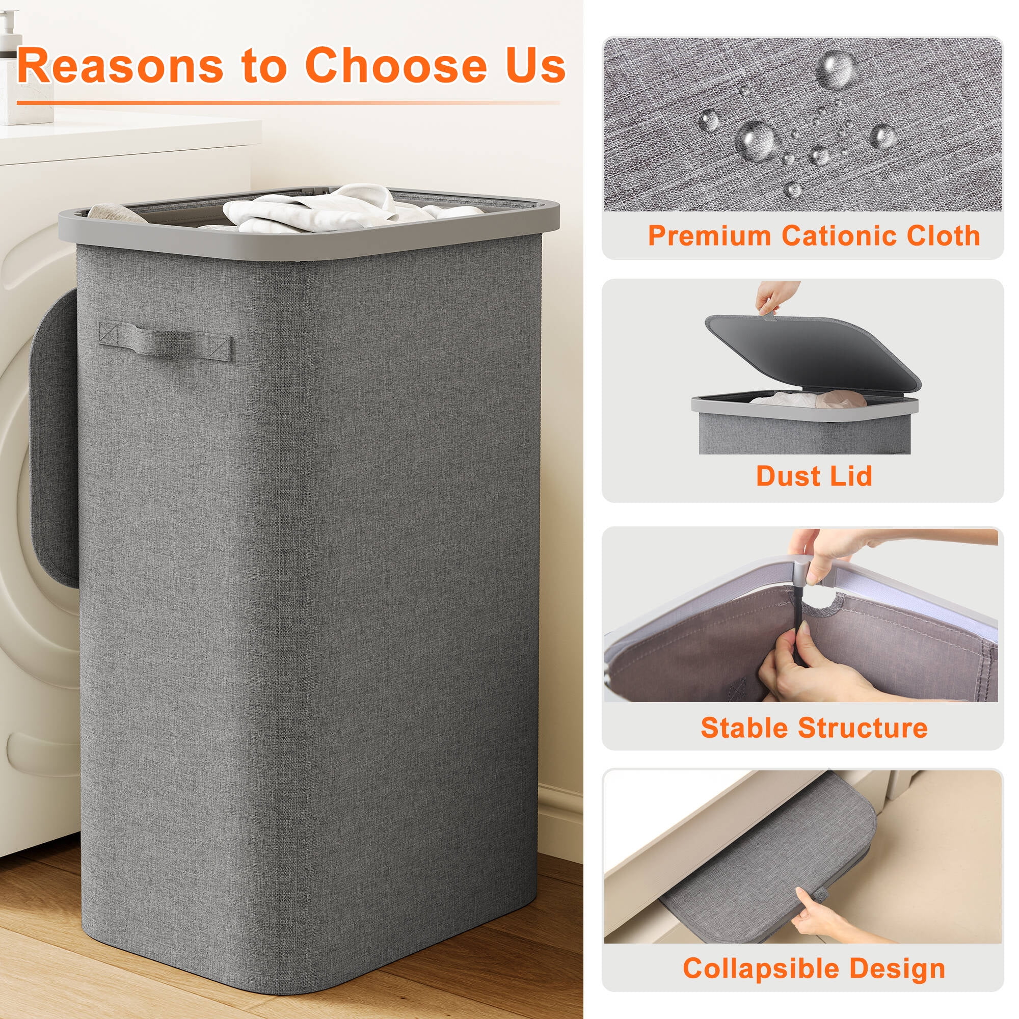 BGTREND 2PCS Slim Laundry Hamper with Lid 110L Foldable Clothes Basket with Removable Mesh Bag & Handle for Closet Bathroom Bedroom (Gray)