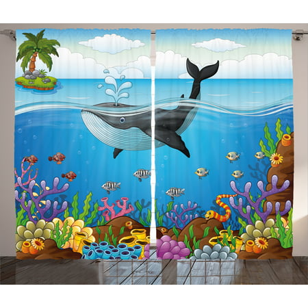 Whale Decor Curtains 2 Panels Set, A massive Whale the Master of the Oceans Themed Around Planet , Window Drapes for Living Room Bedroom, 108W X 90L Inches, Dark Blue Black and Orange, by