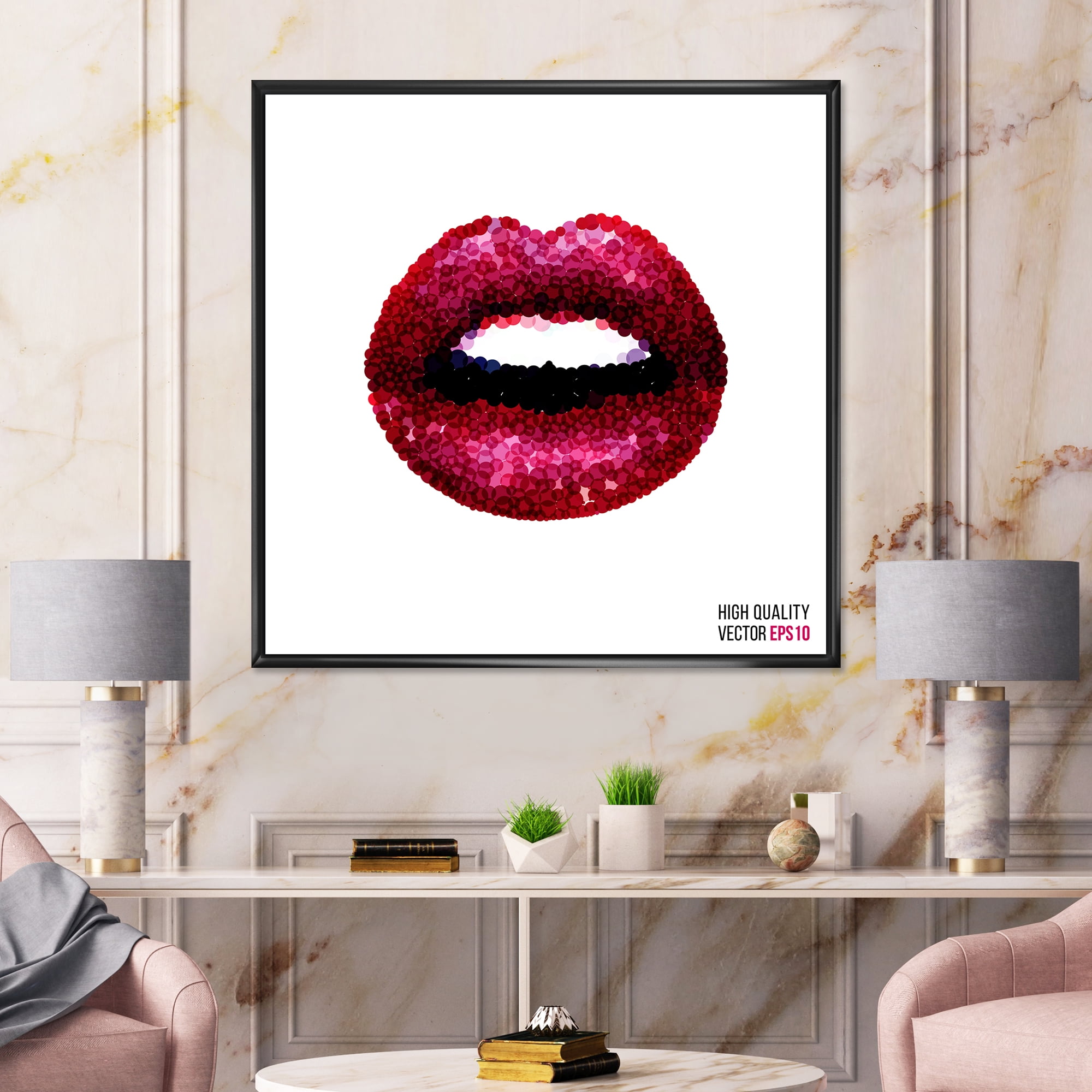 Designart 'Sexy Red Girl Lips' Modern Framed Canvas Wall Art Print