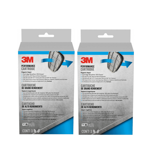 PACK OF 2 3M Organic Vapor Performance Cartridge, 3 Pairs, For Use With 3M 6000, 6500 & 7500 Series Facepieces, NIOSH-APPROVED OV For Use Against Certain Organic Vapors, Easy-To-Attach Design