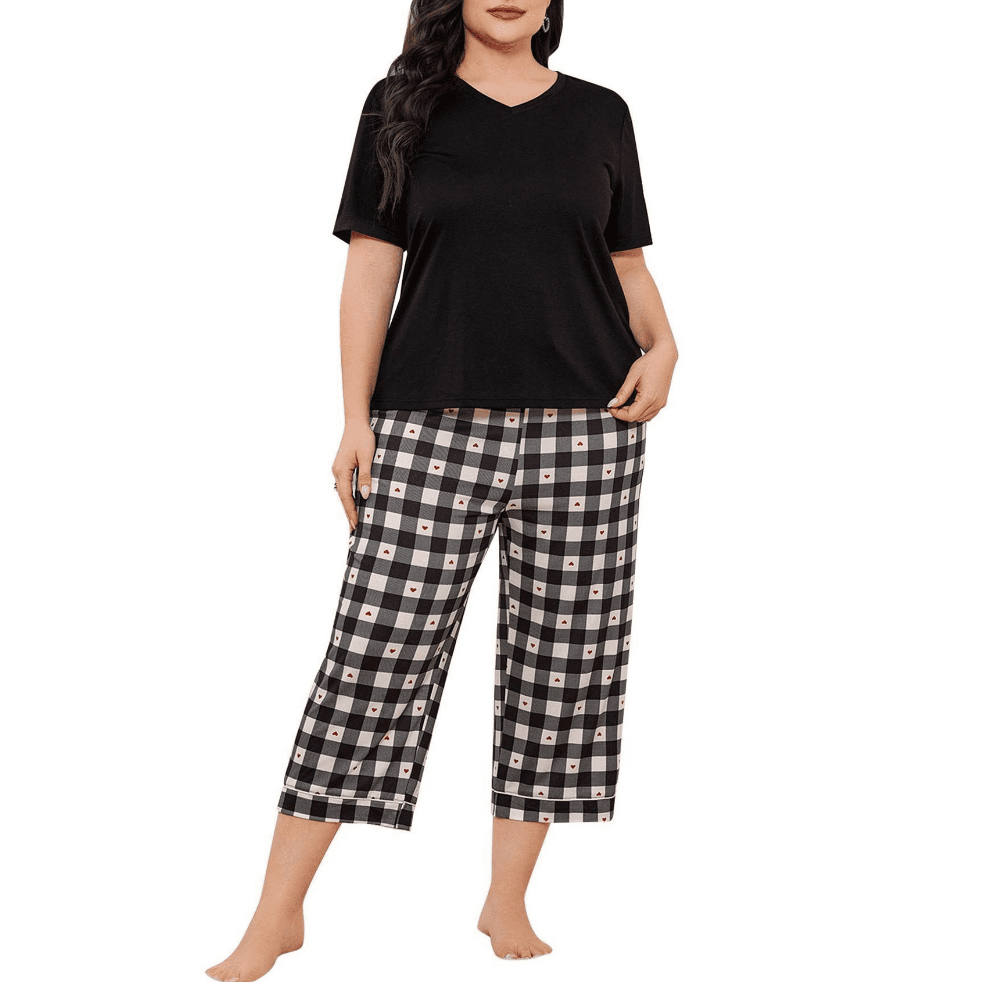 ebukurty Women's Soft Plus Size Pajama Set V Neck Short Sleeve