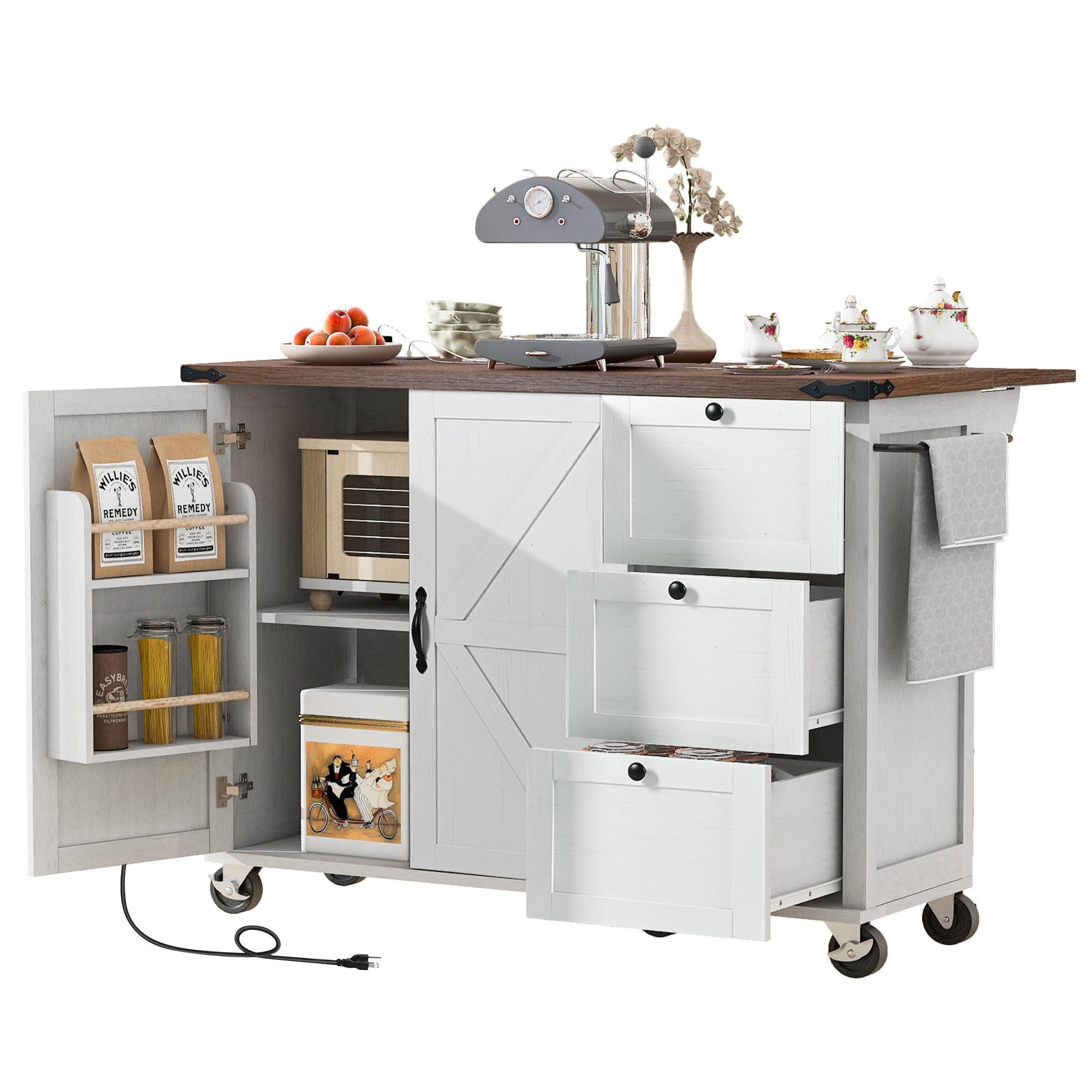54.5" Rolling Island Cart for Kitchen with Power Outlet, 2 Sliding Barn Door Kitchen Storage Island with Drop Leaf, Spice Rack Rolling Kitchen Cart on Wheels, White