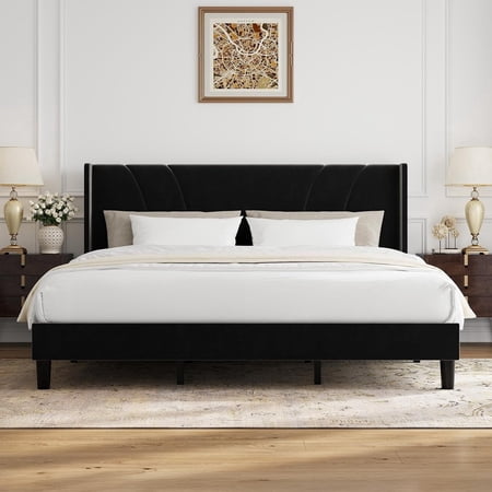 Novilla King Size Bed Frame, Upholstered Platform Bed with Wingback Headboard, Linen Fabric Bedroom Furniture, Heavy Duty Steel Frame with Wood Slats, No Box Spring Needed, Easy Assembly, Black