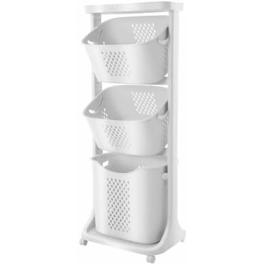 3-Tier Laundry Cart with Wheels, White Multi-Functional Storage Organizer for Bathroom, Bedroom and Laundry Room, Includes Large & Small Baskets$$Home Decor, Kitchen, & Other