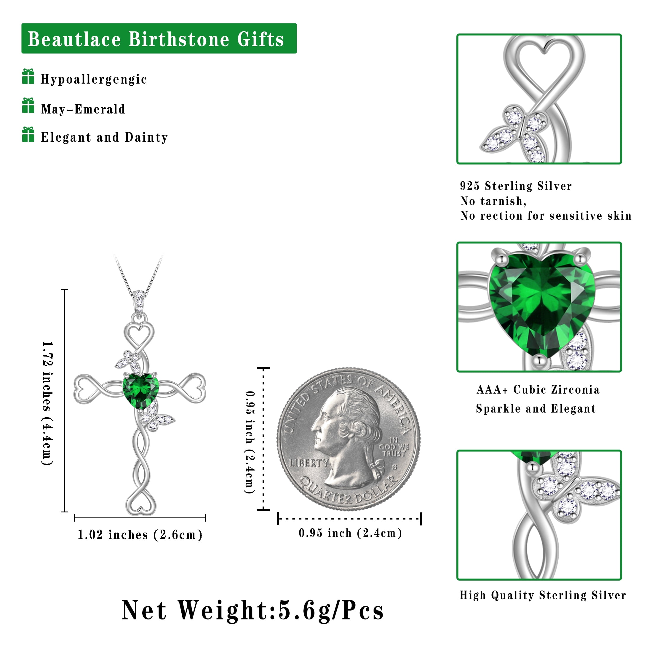 Beautlace 925 Sterling Silver Cross May Emerald Heart Birthstone Necklace,Butterfly Pendant Necklace Jewelry Birthday Christmas Gifts for Women/ Wife /Lover