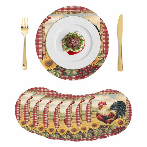 Vintage Rooster Round 15 Inch Placemats Set of 8, Pastoral Watercolor Sunflower Plaid HeatResistant Non Slip Place Mats for Dining Table, Wipeable Braided Kitchen Table Mats for Housewarming