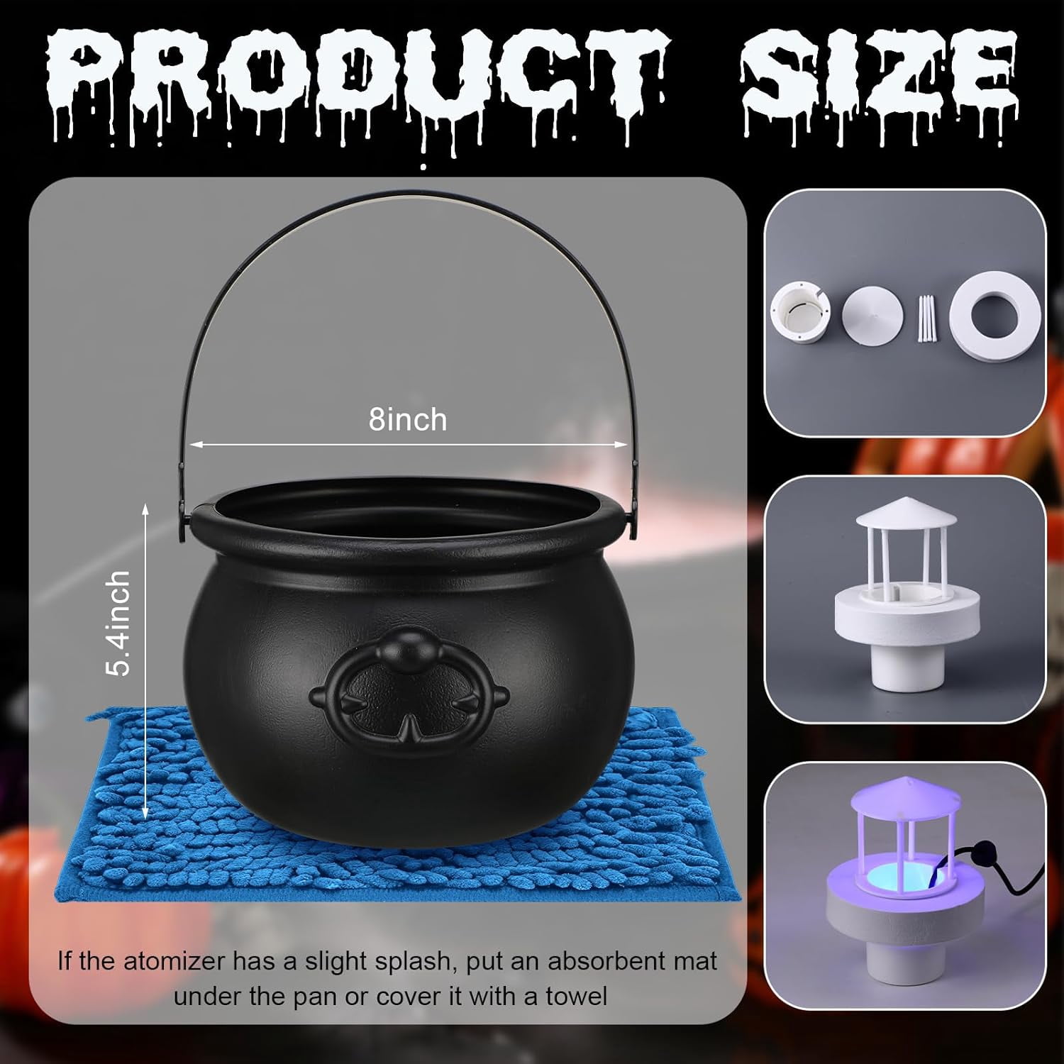 Halloween Witches Cauldron 8 Plastic Smoking Cauldron Punch Bowl Decorations with Handle Mist Maker Fogger 12 LED Lights Fog Machine Atomizer Large Smoking Pot for Indoor Outdoor Parties