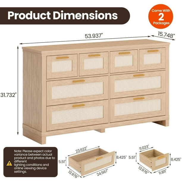 EDTara 8-Drawers Rattan Dresser, Wooden Dresser Chest of Drawers