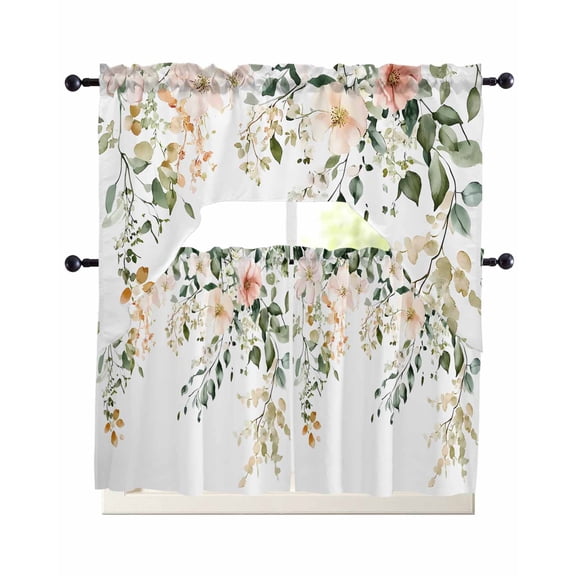 Sage Green Eucalyptus Kitchen Curtains Set for Windows 3 Piece Cafe Curtains 36 Inch Length Swag Curtains Valances and Tier Set Vintage Spring Floral Leaves Drapes for Bedroom Bathroom Living Room