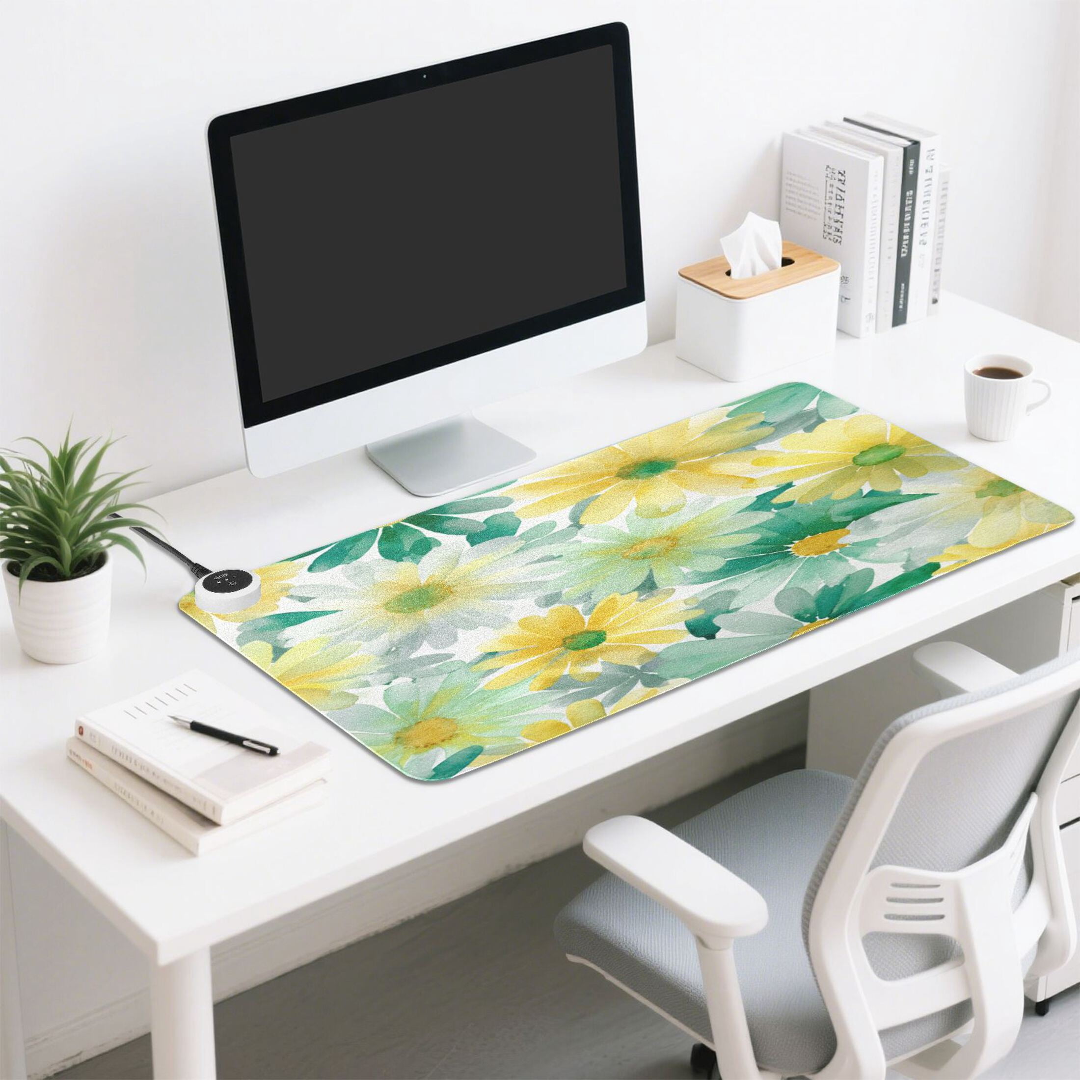 Large Heated Desk Mat Mouse Pad 31.5"x13"PU Leather Graphene Heating Desk Warmer with 3 Temperature Settings 110V US Plug Non-Slip Warm Pad for Home, Office, and Gaming Teal Yellow Daisy Print